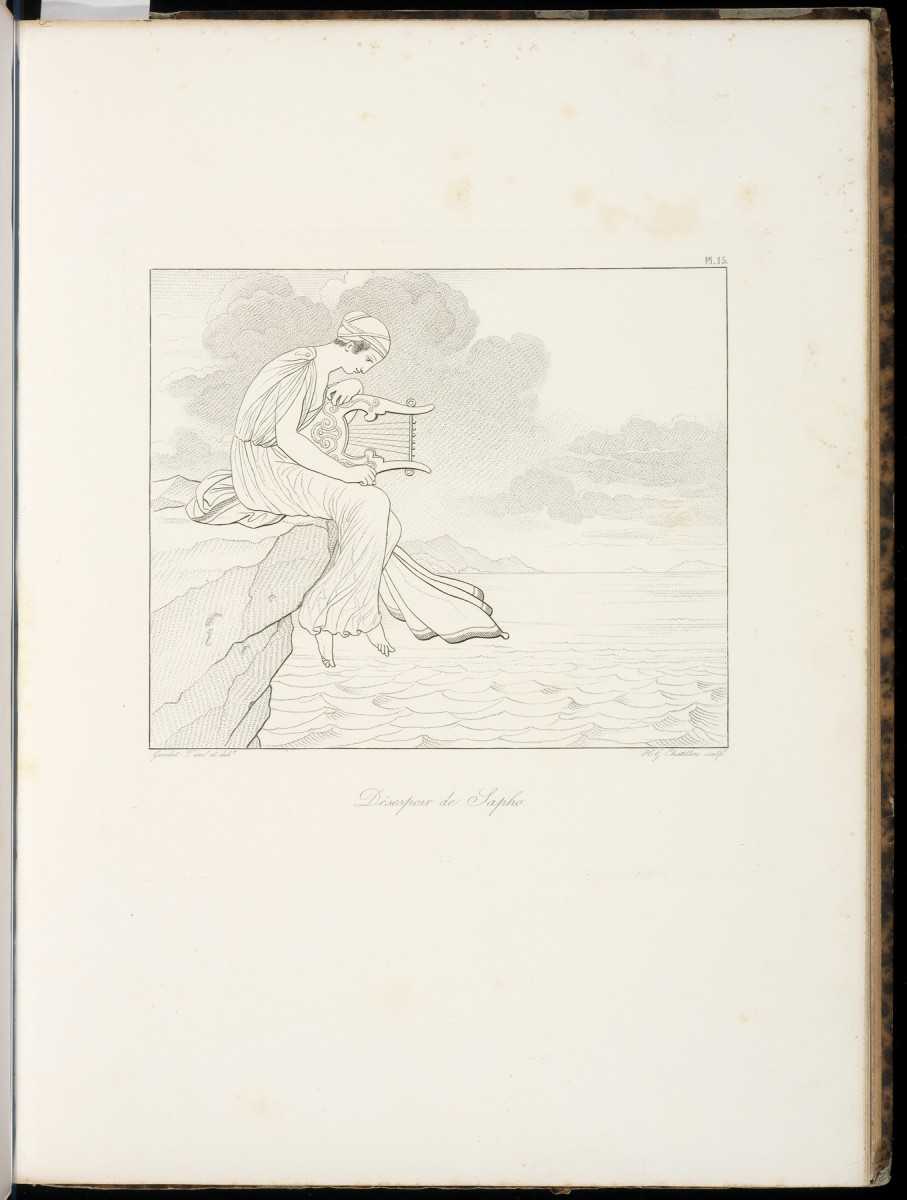 Désespoir de Sapho [Sappho, Bion, Moschus], Chatillon, Henri Guillaume, ca. 1780–1856 Girodet-Trioson, Anne-Louis, 1767–1824, Engraving, 1829, The Getty.