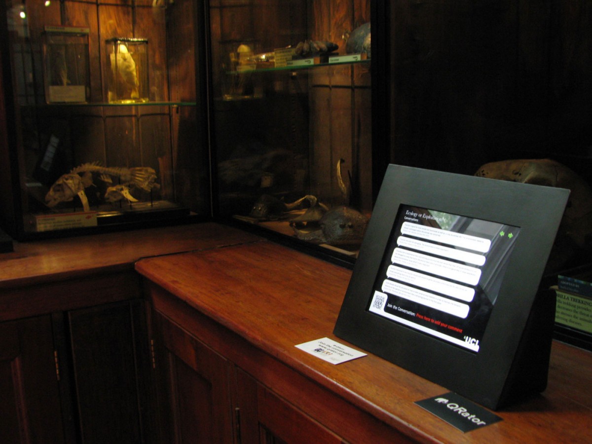 Fig. 4. One of the Qrator iPads at the Grant Museum. The Qrator project examined the relationship and the influence of using mobile phones and other digital technologies in the designing of new models for visitor participation, interpretation and storytelling in the museum.