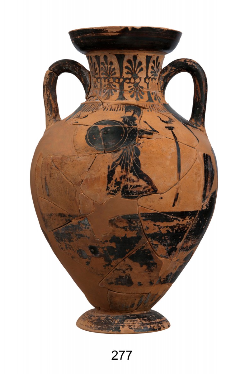 Panathenaic shape amphora, depicting armed Athena on one side and sprint race on 
the other, used as an urn. Around 525 BC. Credit: Acropolis Museum. 