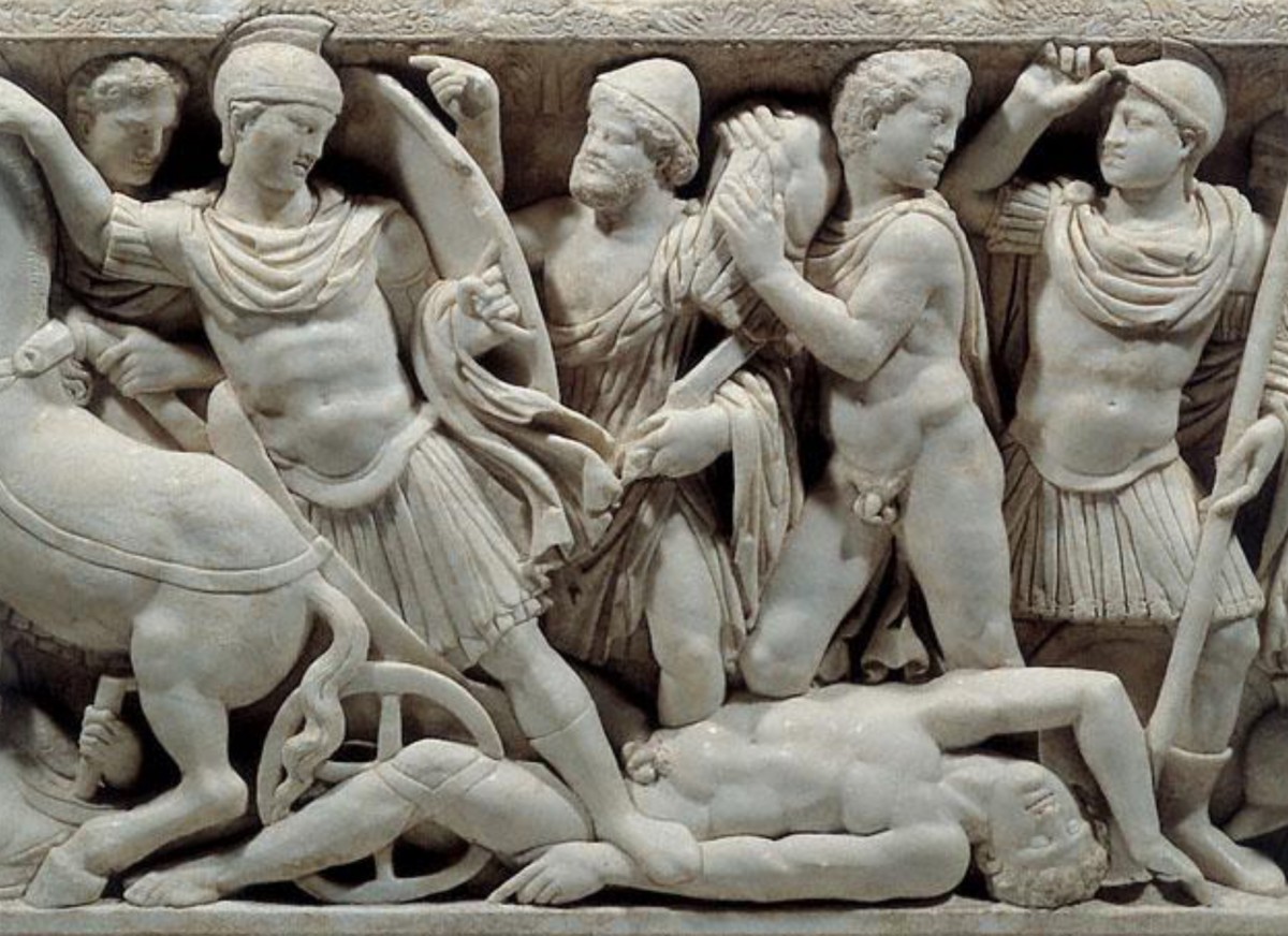 Sarcophagus with Scenes from the Life of Achilles (detail). Unknown artist
Roman, Athens, A.D. 180–220. Marble. J. Paul Getty Museum.
