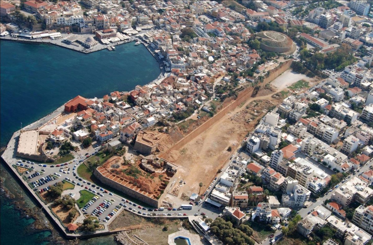 Fig.18. Chania, the fortifications’ western front and the Rivellino del Porto, during recent restoration work (photo: Kosmas Kimionis, Aviation club of Chania).