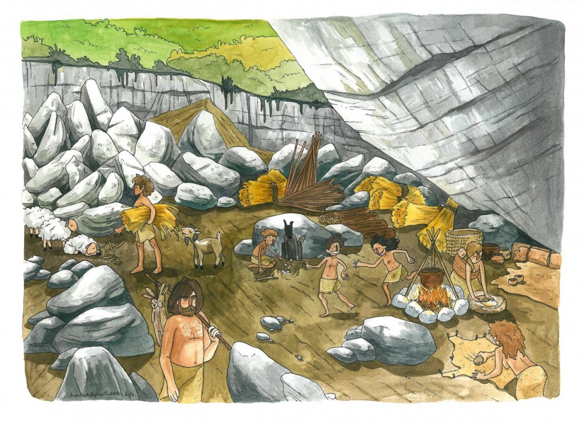 This is an illustration of every day life in the El Portalon cave during the Neolithic and Copper Age. Credit: Artist: María de la Fuente