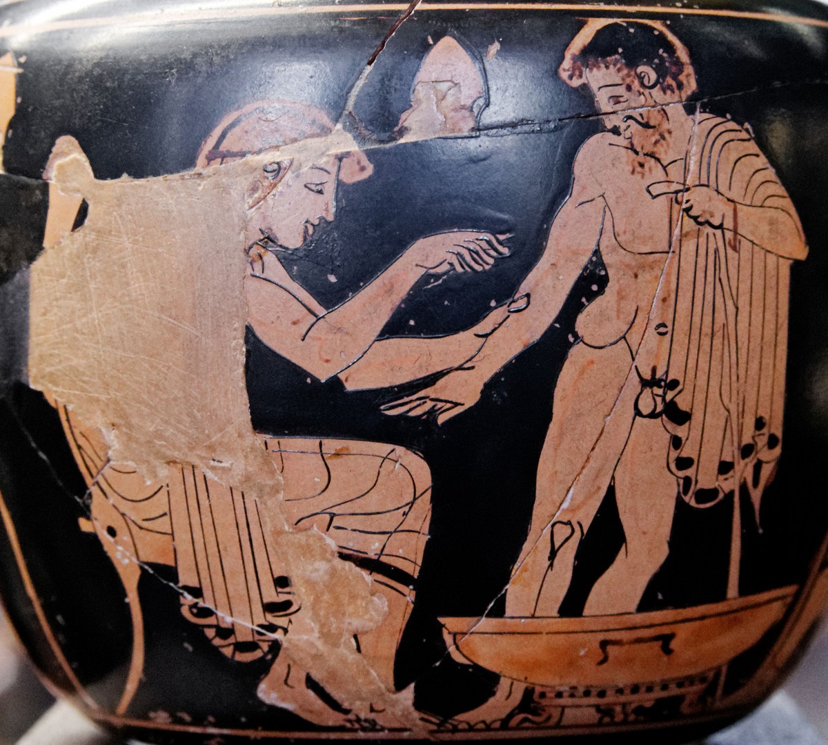 Physician treating a patient. Red-figure Attic aryballos. 480-470 BC. Louvre. Credit:  Creative Commons Attribution 3.0 Unported license.