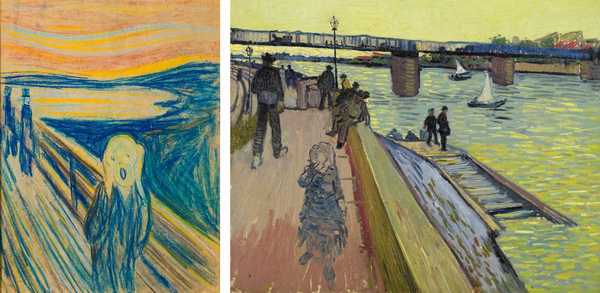 On the left, Edvard Munch, “The Scream”, 1893, Munch Museum, Oslo. On the right, Vincent van Gogh, “The Trinquetaille Bridge”, 1888, Private collection.  