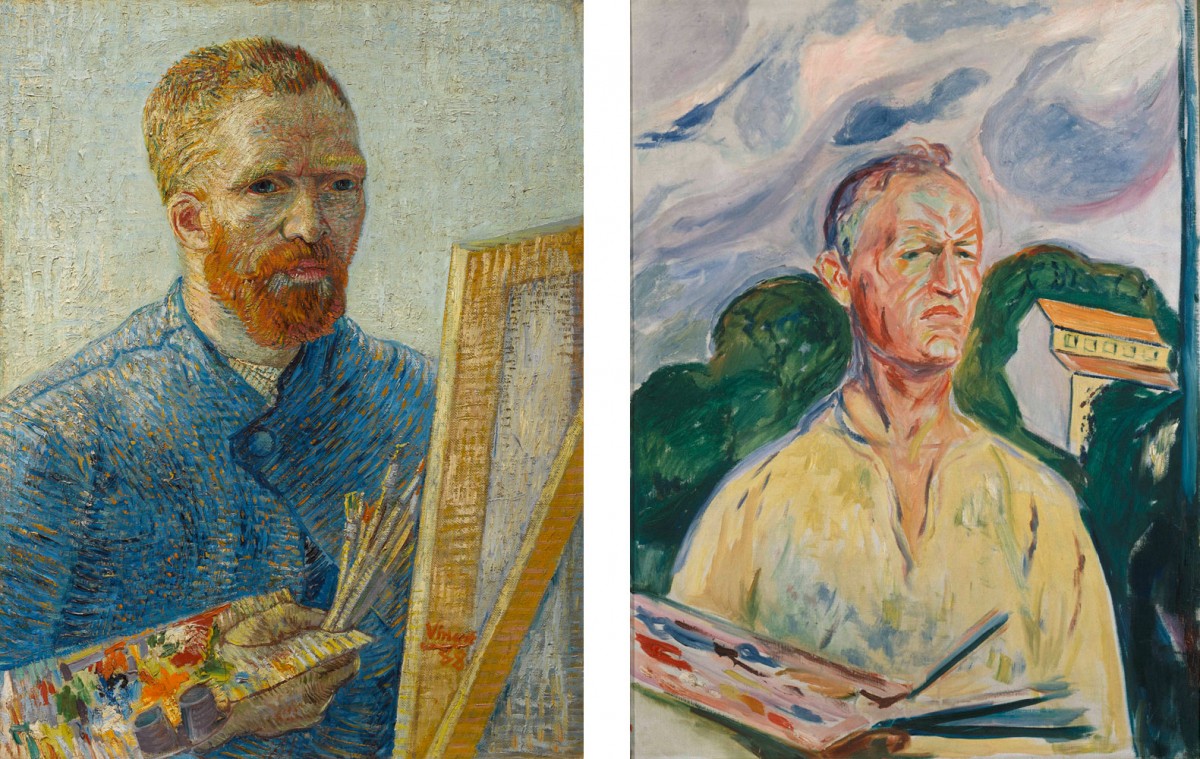 On the left, Vincent van Gogh, “Self-portrait”, 1887-1888, Van Gogh Museum, Amsterdam (Vincent van Gogh Foundation). On the left: Edvard Munch, “Self-portrait”, 1926, Private collection. 