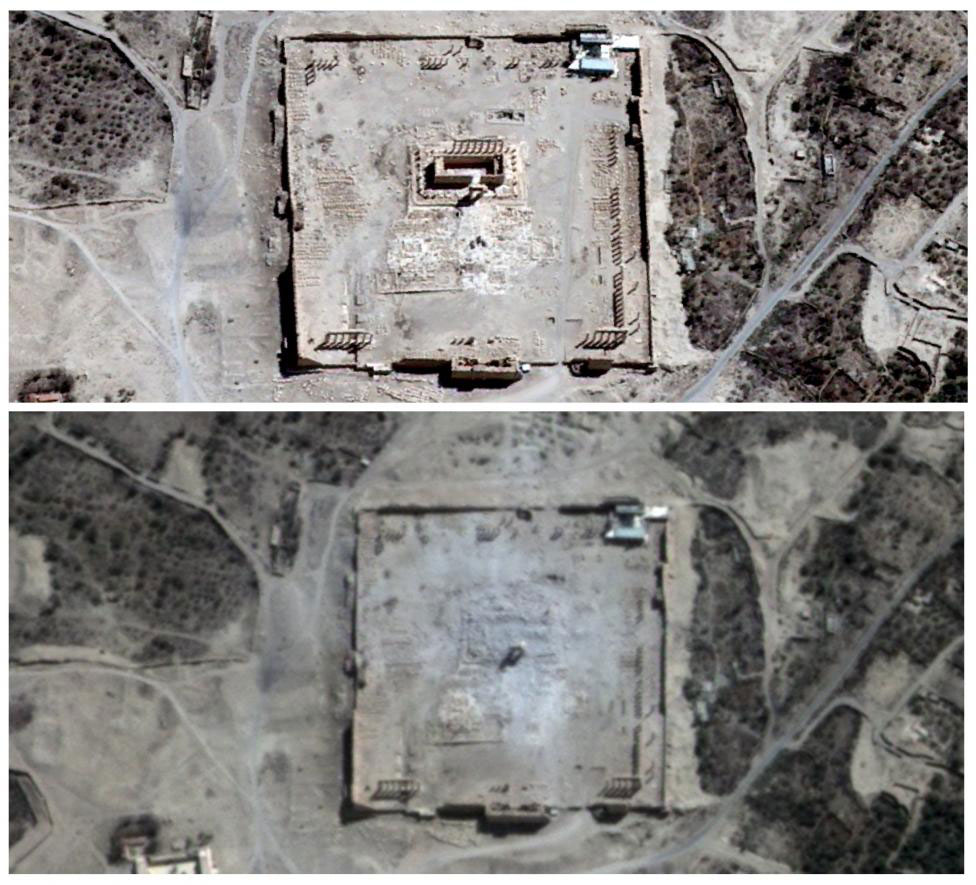 Combination picture shows the site of the Temple of Bel before (top) and after its apparent destruction in Palmyra, Syria, in this August 27, 2015 and August 31, 2015 handout satellite images provided by UrtheCast, Airbus DS, UNITAR-UNOSAT. REUTERS/UrtheCast, Airbus DS, UNITAR-UNOSAT/Handout via Reuters.