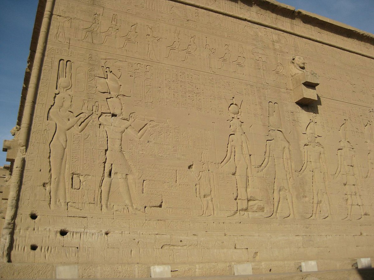The temple of Hathor. Reliefs on the south (rear) wall. Ptolemy XV Caesar and Cleopatra VII before Harsomtus, Isis, and other deities. Temple of Hathor - Dendera.