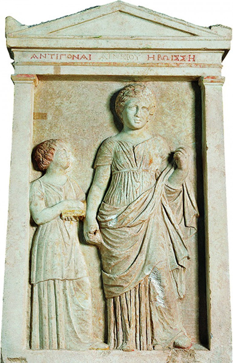 The inscribed marble stele of Antigone discovered  outside the tomb [Credit: Ethnos]