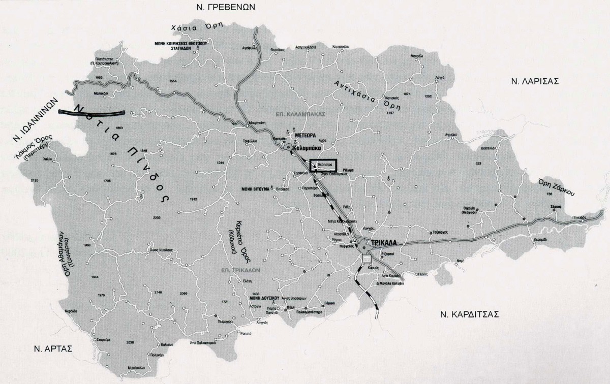 Fig. 2. The Prefecture of Trikala. Theopetra can be seen inside a frame.