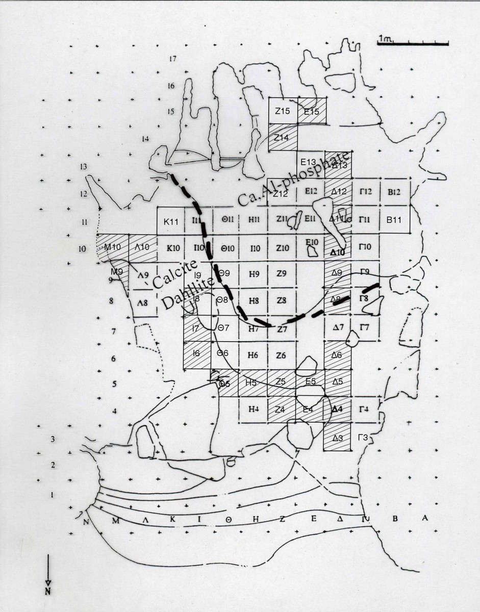 Fig. 33. In the cave’s ground plan the diagenesis where bones were not preserved can be distinguished on the dotted line (Karkanas and Weiner 2000, fig. 2.12).