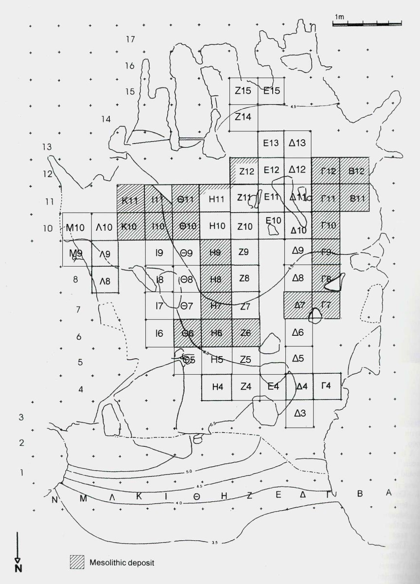 Fig. 3. Ground plan of the cave. In the southern area the niches can be distinguished. Stripings mark squares where Mesolithic embankment was located (ground plan by Hadjitheodorou-Driva).