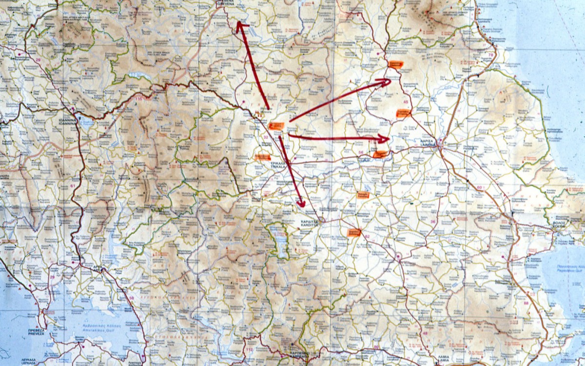 Fig. 46. Shown on a map of Thessaly is the proposed diaspora of the human population, with Theopetra as its nucleus (Kyparissi-Apostolika 2006, Fig. 1).