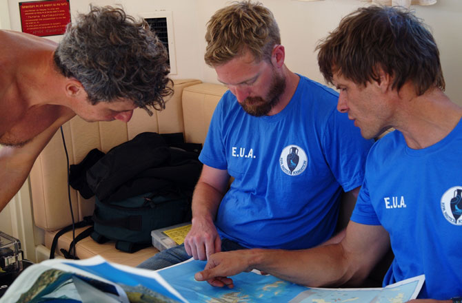 The survey was led by George Koutsouflakis (right), of the Greek Ephorate of Underwater Antiquities, and Peter Campbell (center), of the RPM Nautical Foundation. Photo Credit: V. Mentogianis.