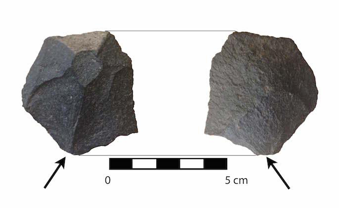 A very small faceted basalt wedge. Basalt is a local material. This tool, also found at MVI, was made 15,000-16,000 years ago. It would have been used for woodworking.
Credit: Courtesy Tom Dillehay.