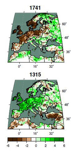 Maps from a new 2,000-year drought atlas show rainfall conditions over the whole continent, and much of the Mediterranean. A chart for 1741 shows severe drought (brown areas) running from Ireland into central Europe and beyond. A chart for the year 1315 shows the opposite problem -- too much rain (dark green areas), which made farming almost impossible.
Credit: Cook et al., Science Advances, 2015.