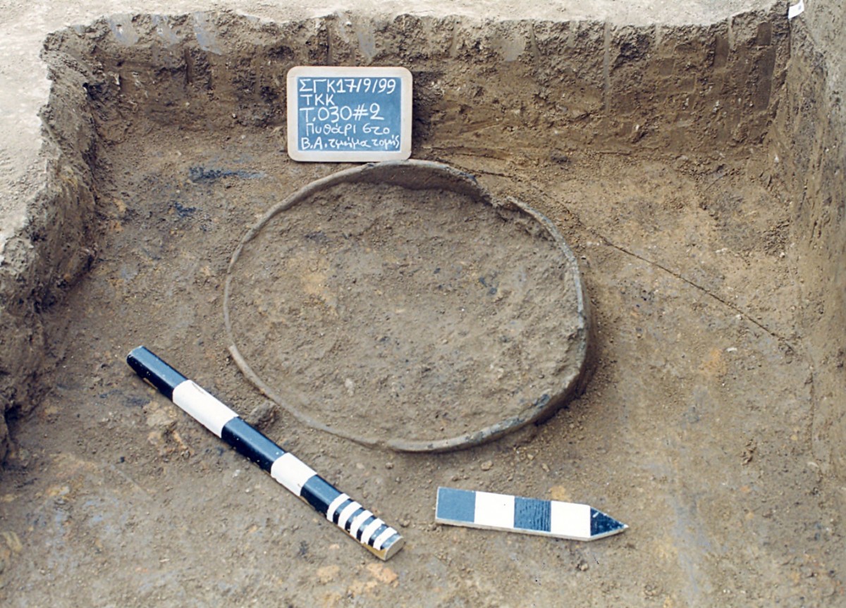 Fig. 3. Large storage jar filled with burnt seeds of vetch, thrown in a pit (aa.314) along with remains of a burnt building constructed on stakes.