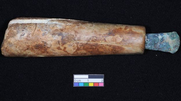 A copper chisel, which still has its decorated bone handle attached, was one of the objects unearthed. Photo Credit: Wiltshire Council CMAS/BBC.
