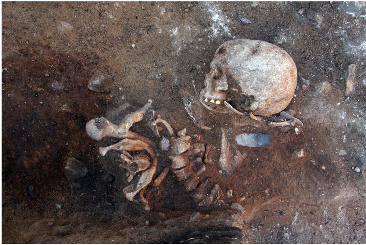 Next to the remains of the young man buried vertically a flint knife was found, probably grave goods. Photo Credit: A. Kotula/The History Blog.