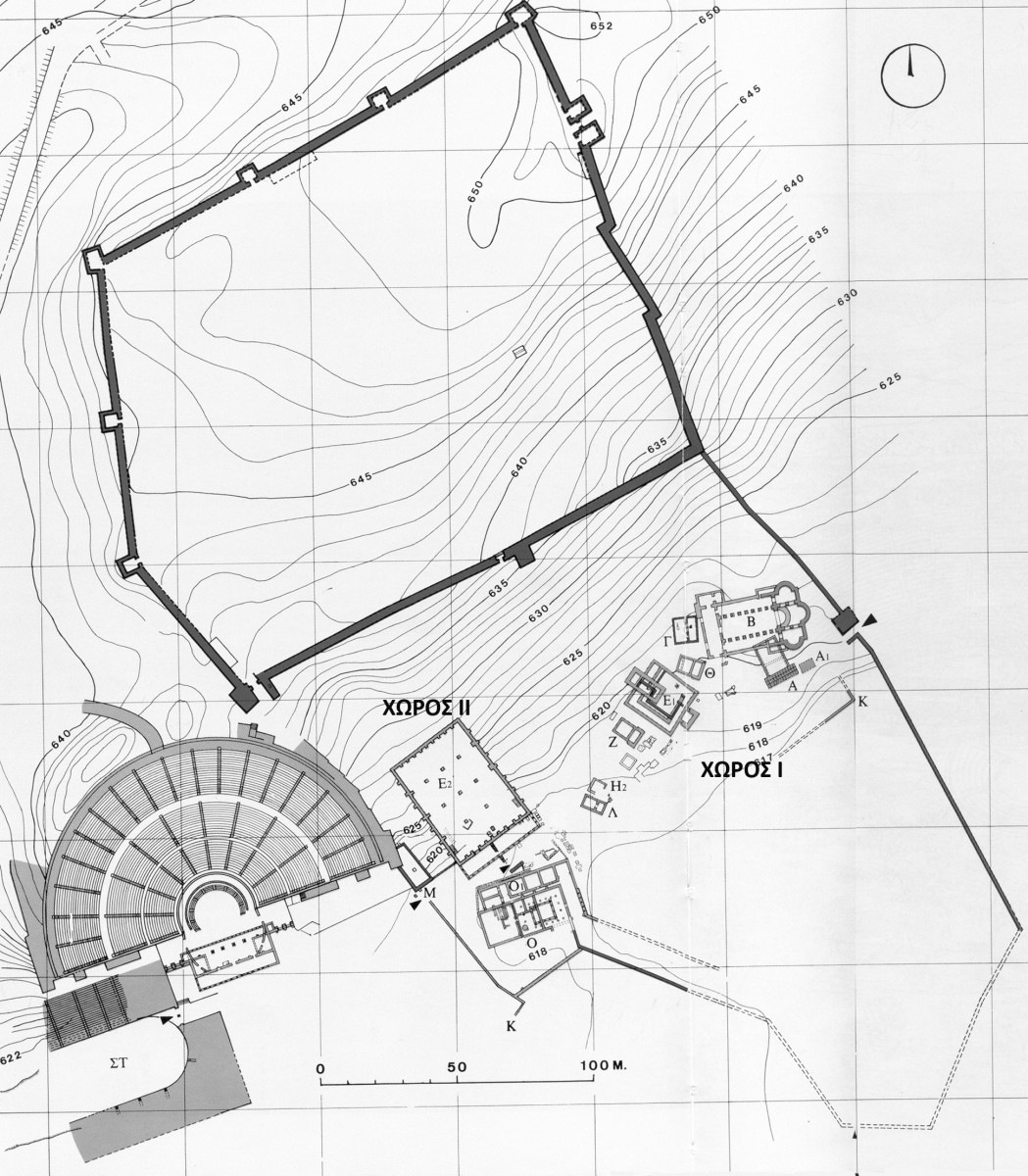 Fig. 10. Plan of the archaeological site of Dodoni marking areas I and II. (source: archives of the Ephorate of Antiquities, Ioannina)