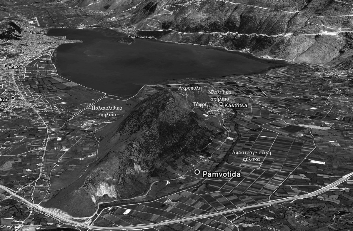 Fig. 11. Photograph of hill and surrounding area of Kastritsa marking the places where prehistoric objects were discovered. source: author’s archive)