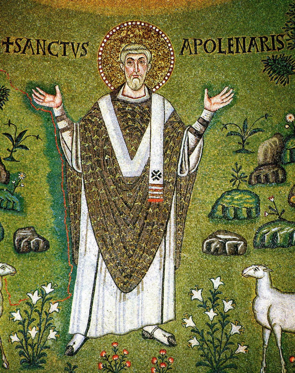 Fig. 2. Saint Apollinaris, first bishop of Ravenna. Detail from the 6th century Byzantine mosaic in the apse of the basilica of Sant'Apollinare in Classe. Credit.: Wikimedia Commons.