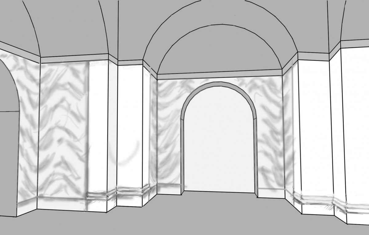 Fig. 8. Possible reconstruction of the lower part of the walls of the second phase of the interior decoration of the Cruciform Building in Old Dongola (drawing D. Zielińska) (Zielińska 2010a, fig. 13).