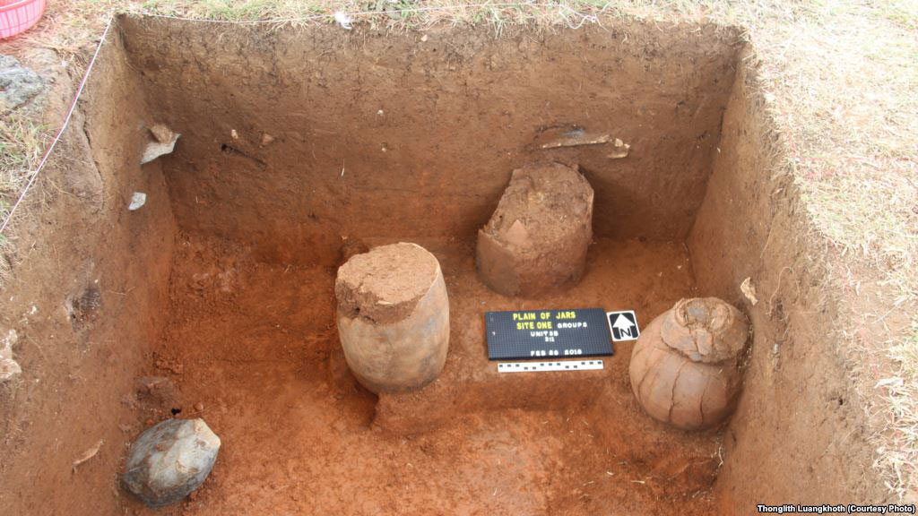 Burial jars at the Plain of Jars in central Laos. Photo Credit: Thonglith Luankhoth/VOA.