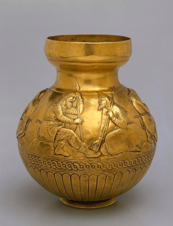 Golden vessel with scenes depicting Scythian warriors in relief. From the royal Kul Oba tumulus in Crimea. 4th c. BC.