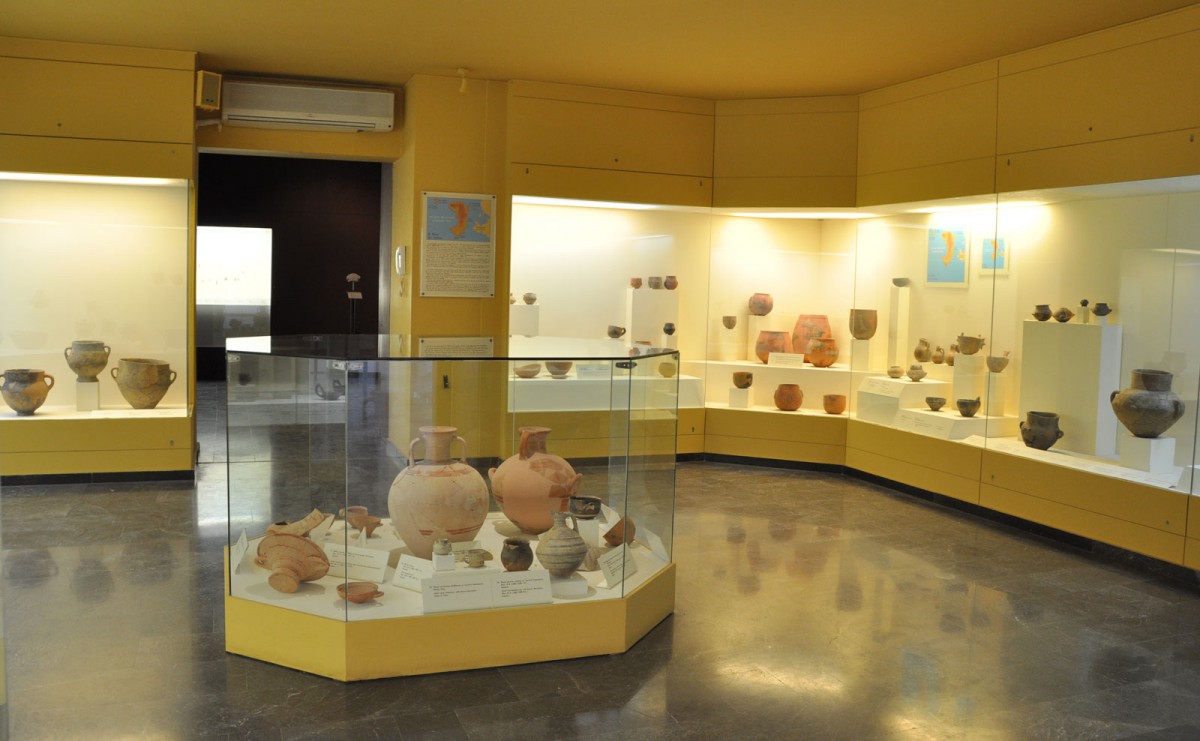 Fig. 7. Overall view of Hall I. Vases from excavations at Emporio and Aghios Galas. Final Neolithic period to Late Bronze period.