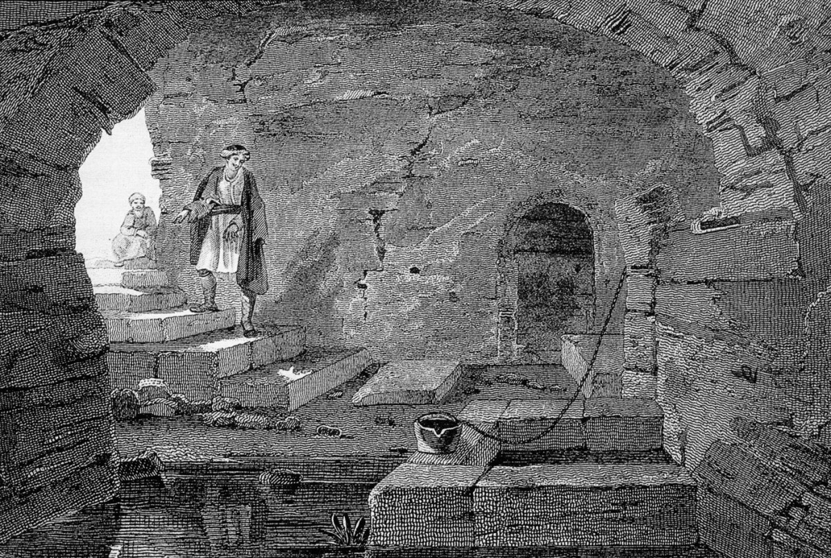 Fig. 7. Sacred spring of Demeter, Holy water of St Andrew, Edward Dodwell, A Classical and Topographical Tour through Greece, London 1819. Library ΙΒΕ ΙΝΕ / ΕΙΕ.