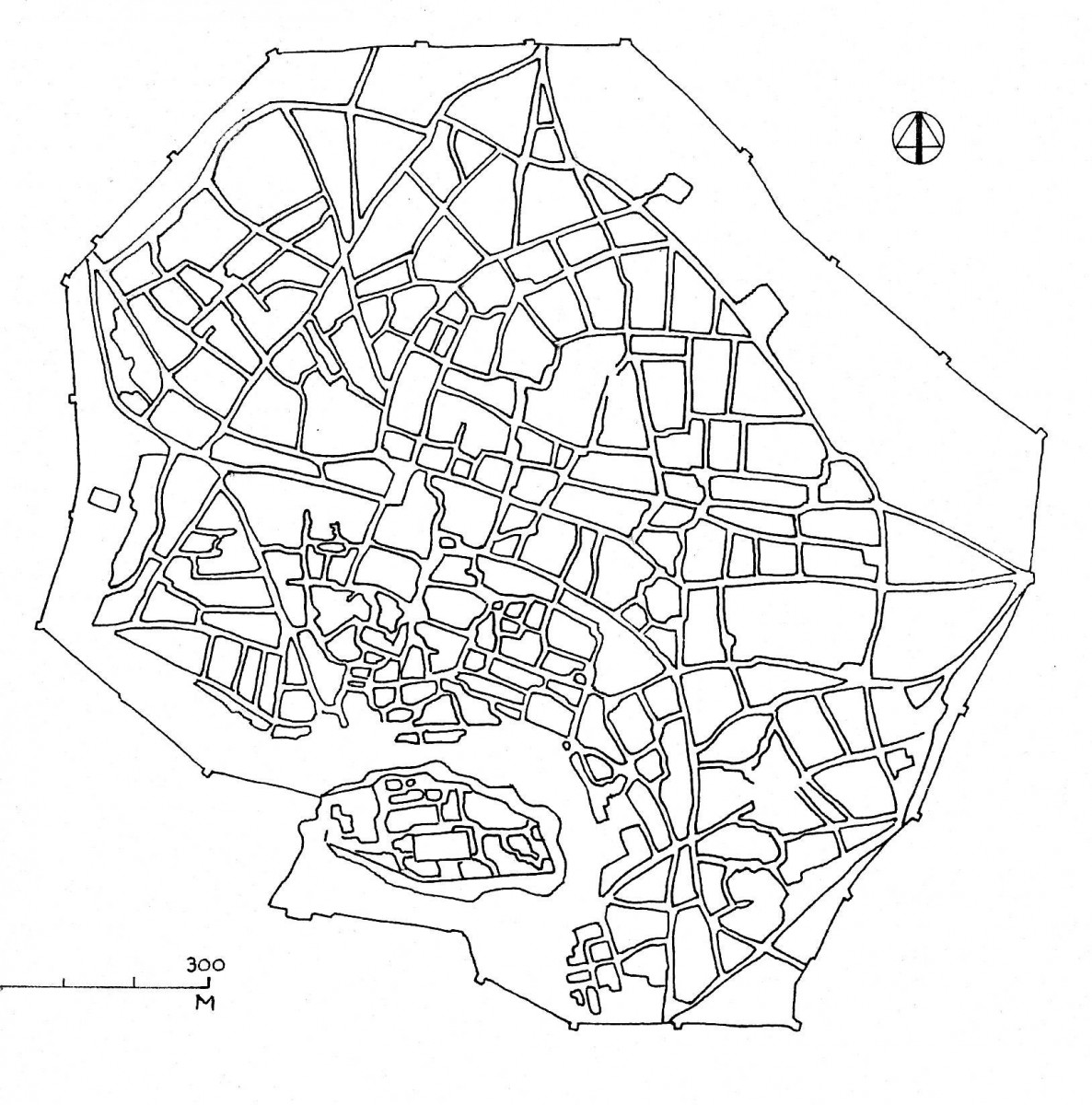 Fig. 1. Athens during the 18th and early 19th century, surrounded by its walls. All the public buildings were concentrated in the densely populated zone directly to the north of the Acropolis (plan by D. Roubien according to various historical sources).