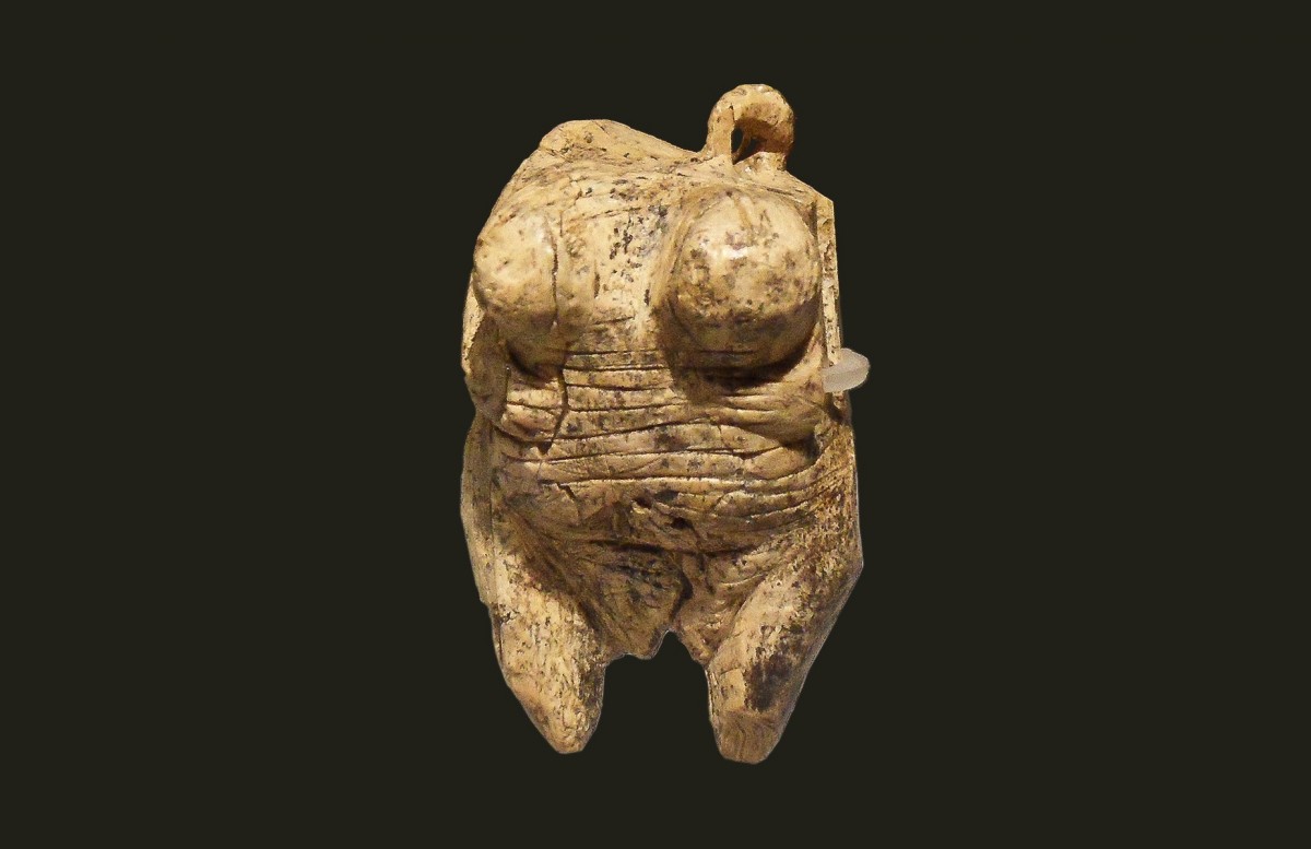 The Venus from Hohle Fels, a mammoth ivory, Aurignacian, aged about 35-40000 years. Widely regarded as the oldest undisputed example of human figurative prehistoric art yet discovered and therefore of human behavioural modernity. 