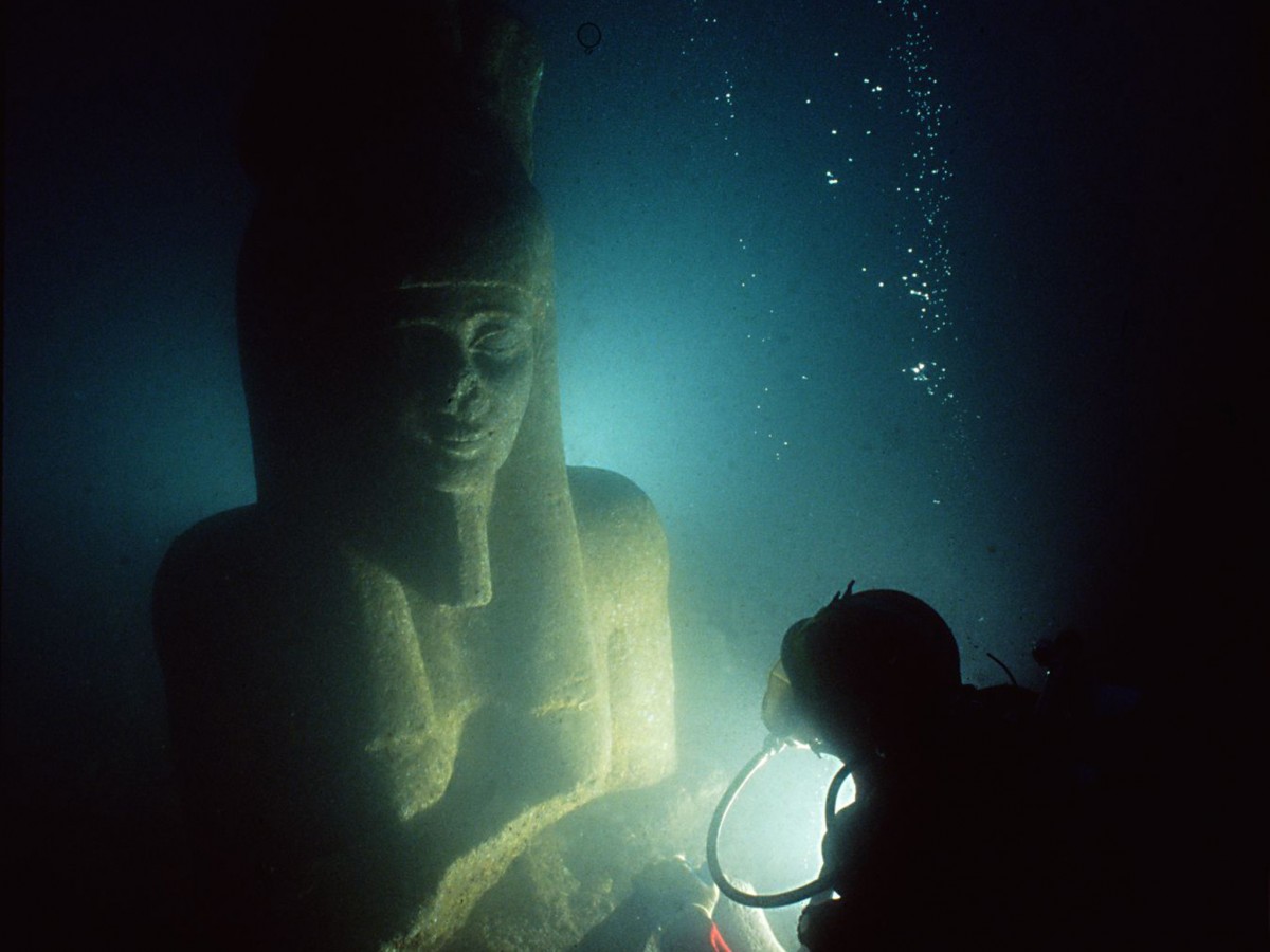 The exhibition focuses on two lost Egyptian cities and their recent rediscovery by archaeologists beneath the Mediterranean seabed.