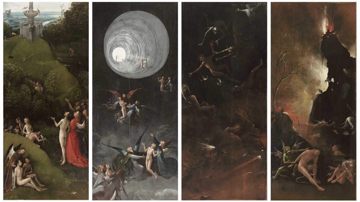 Jheronimus Bosch
Visions of the Hereafter, ca. 1505-15
Venezia, Museo di Palazzo Grimani 1 2
From left to right
The Road to Heaven, Earthly Paradise
The Road to Heaven, Ascent to Heaven
The Road to Hell, Fall of the Damned
The Road to Hell, Hell
Photo Rik Klein Gotink and image processing Robert G. Erdmann for the Bosch Research and Conservation Project.