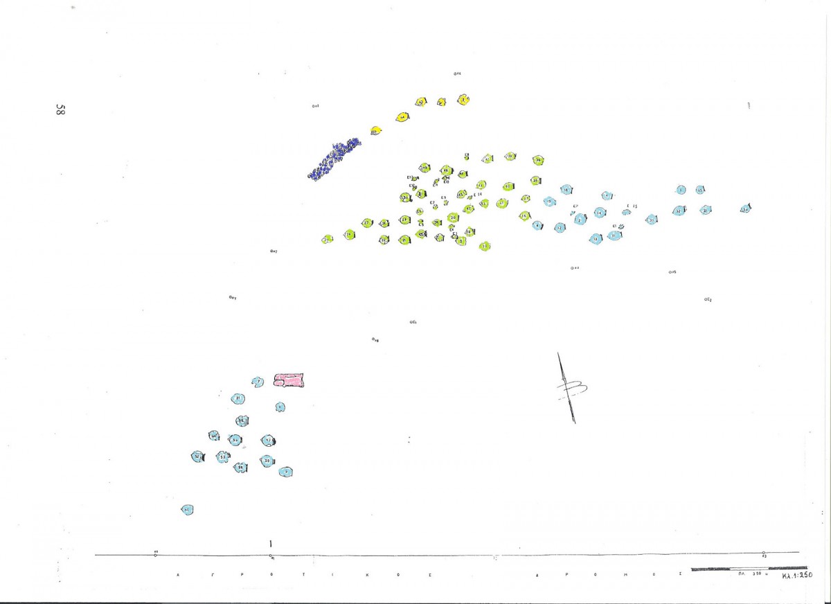 Fig. 2. Plan of the cemetery at the site of Triantafyllia Livanates, on the plot owned by G. Karaiskos. Cluster A shows Late Archaic graves in yellow, B shows those of the Classical era in green, and the Hellenistic graves are marked blue in clusters B and C. Pink marks the only cremation. (Ground plan from the archive of the 14th Ephorate of Prehistoric and Classical Antiquities).