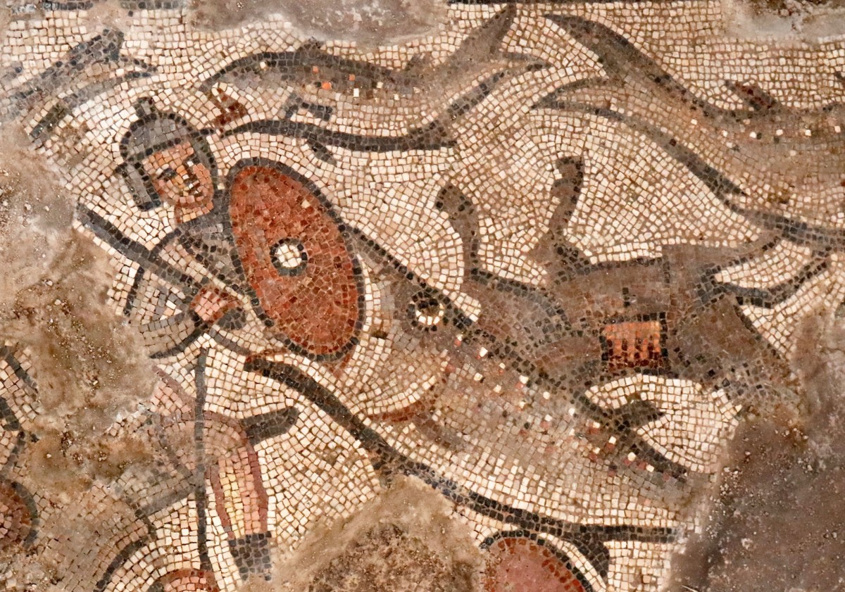 Fish swallowing soldier, parting of the Red Sea mosaic, Huqoq. Credit: Jim Haberman.