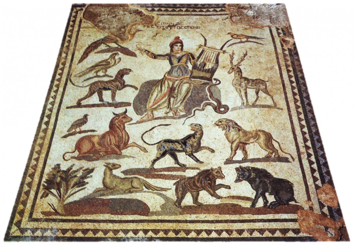 Orpheus and the beasts. Floor mosaic. Nea Paphos, House of Orpheus, 2nd-3rd c. AD 
(from W. A. Daszewski, 1989, Ὁδηγὸς ψηφιδωτῶν Πάφου. Cyprus: Cultural Foundation of Cuprus & Department of Antiquities).