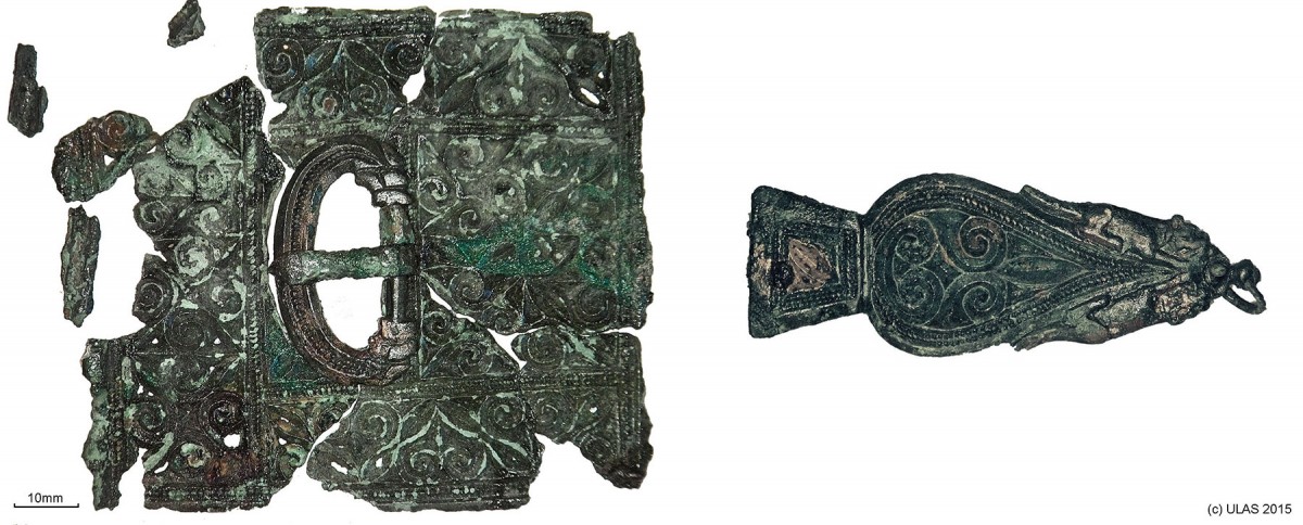Fig. 3. The late Roman belt set found with Skeleton 23, comprising a belt buckle, belt plate and strap end. 