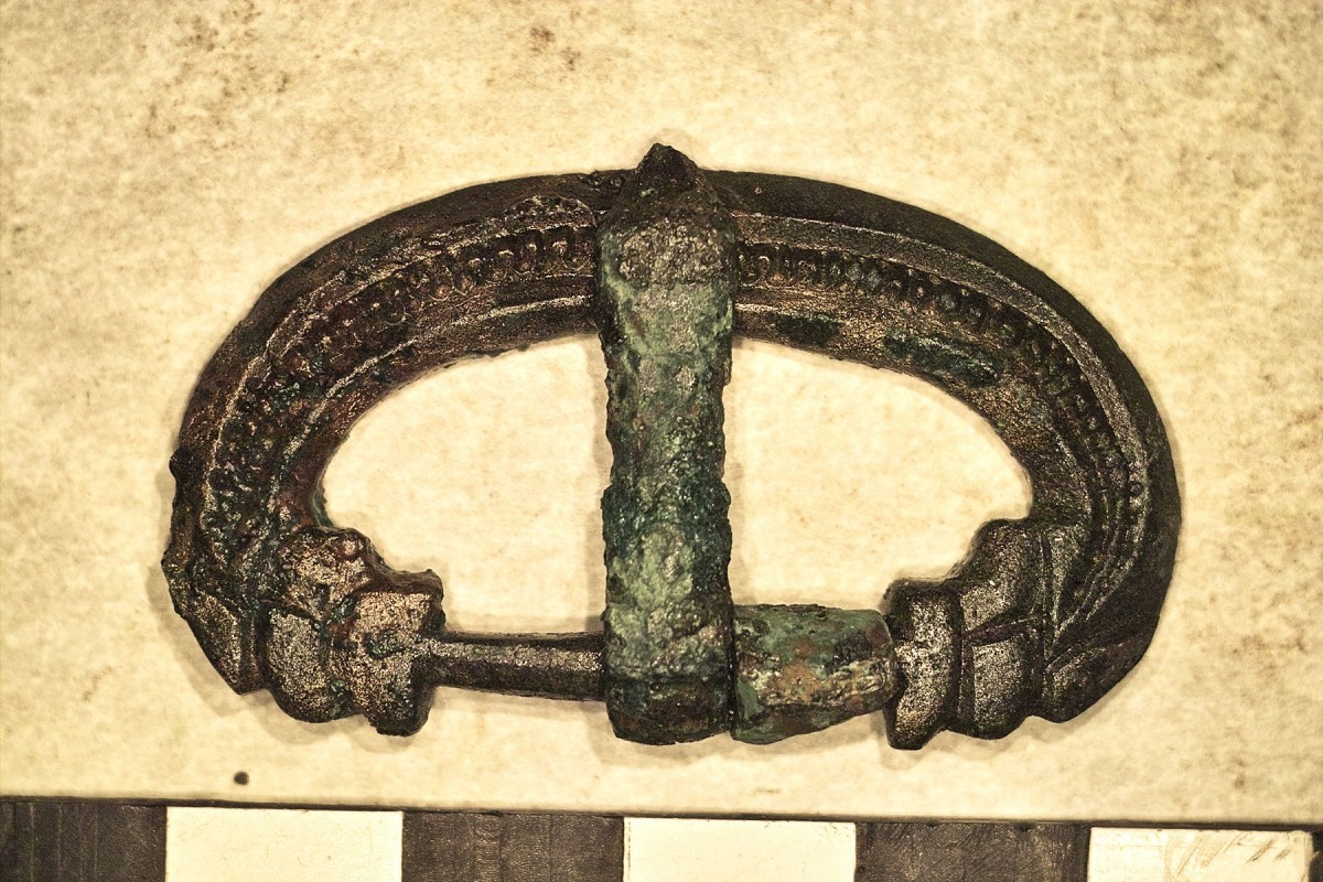 Fig. 4. The belt buckle is decorated with dolphin he ads. 