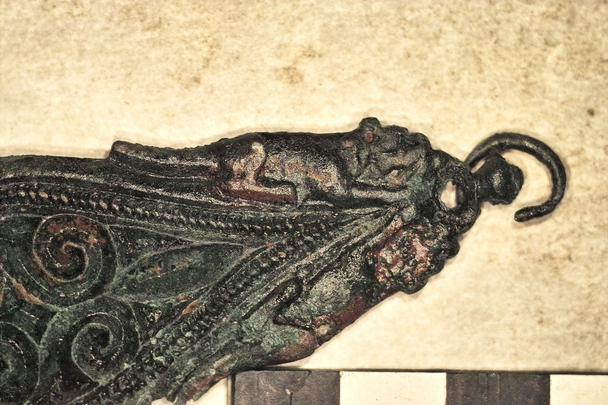 Fig. 5. The strap end is decorated with crouching dogs on either side of its tapered end. 