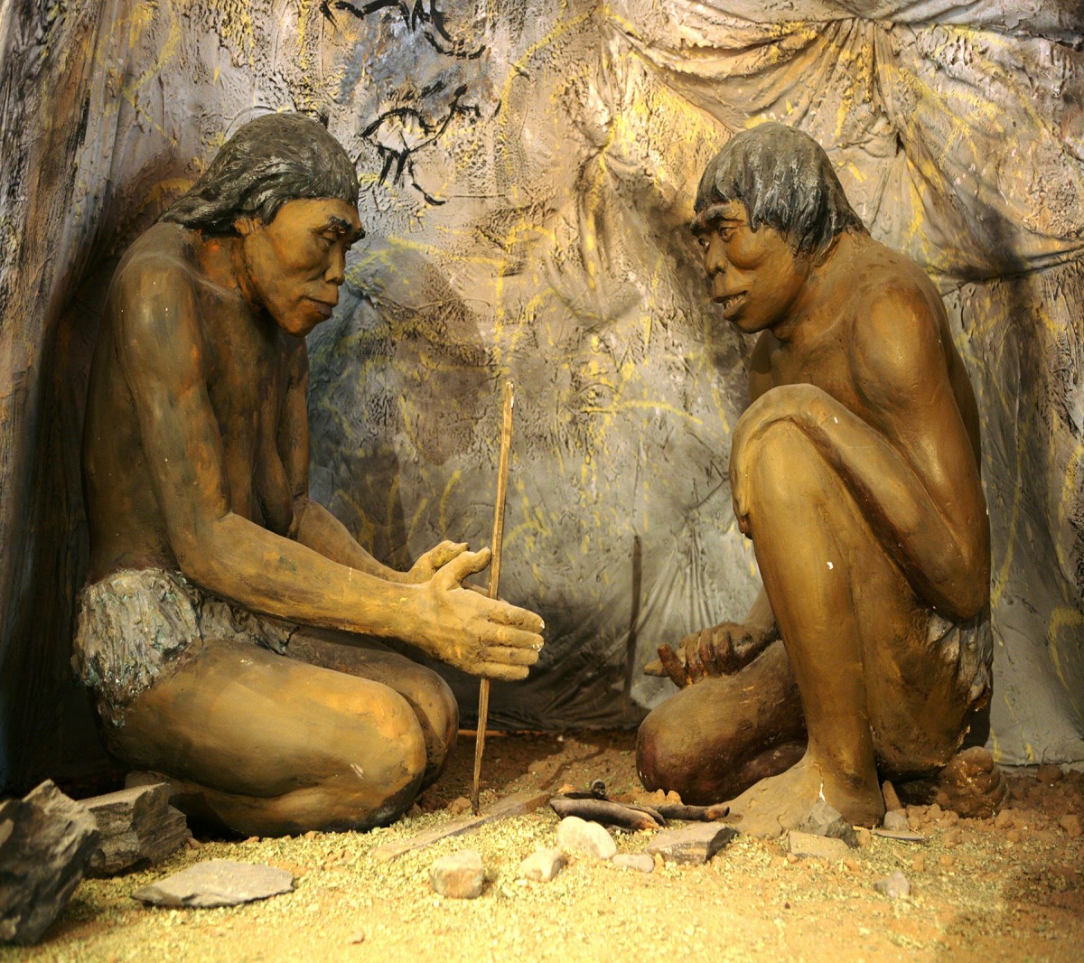 A Diorama showing ancient cavemen stands inside the National Museum of Mongolian History in Ulaanbaatar, Mongolia. The museum preserves the Mongolian cultural heritage.