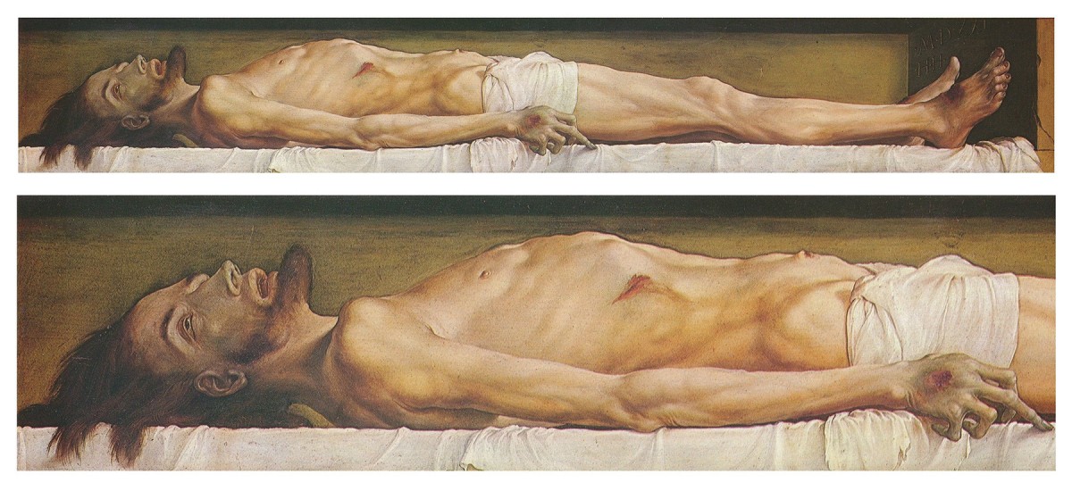 The Body of the Dead Christ in the Tomb (and detail, lower) 30.5 cm × 200 cm. Öffentliche Kunstsammlung, Basel.