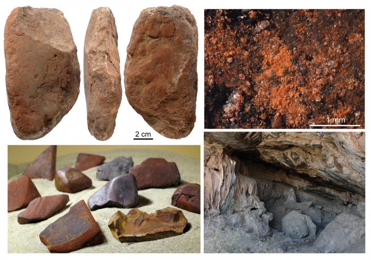Top left: tool used to grind ochre from the Middle Stone Age levels of Porc-Epic Cave, Dire Dawa, Ethiopia; Top right: residues of ochre on the same object; Bottom left: modified ochre lumps from the same levels; Bottom right: photo of the cave.
Credit: D.E. Rosso and F. d'Errico