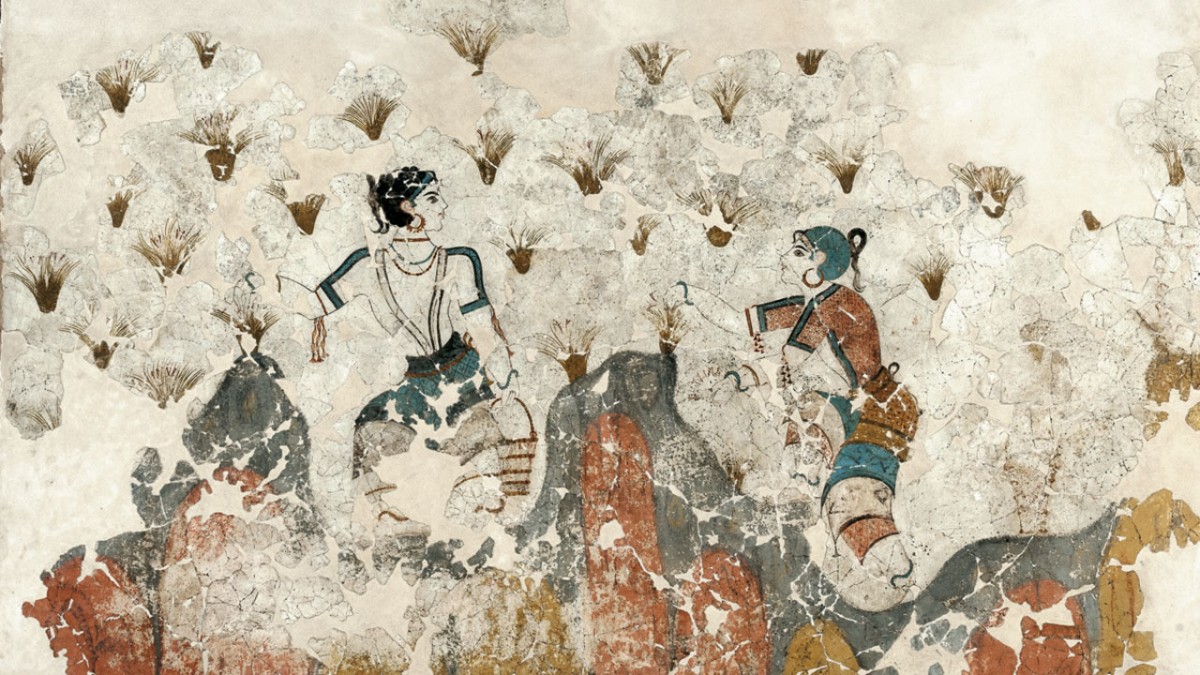 The Saffron-gatherers. Wall-painting from the east wall of the Lustral Basin. Xeste 3, Akrotiri Thera.