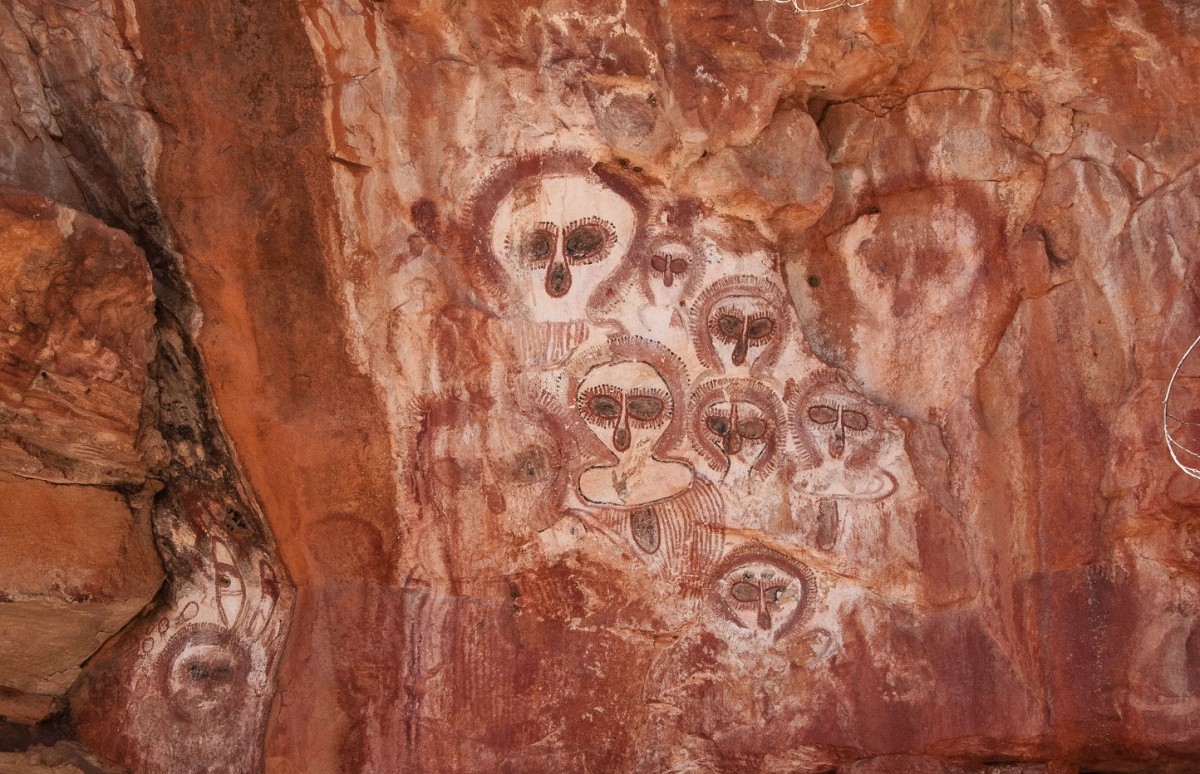 Aboriginal pictographs known as Wandjina in the Wunnumurra Gorge, Barnett River, Kimberley, Western Australia. Credit: Graeme Churchard 