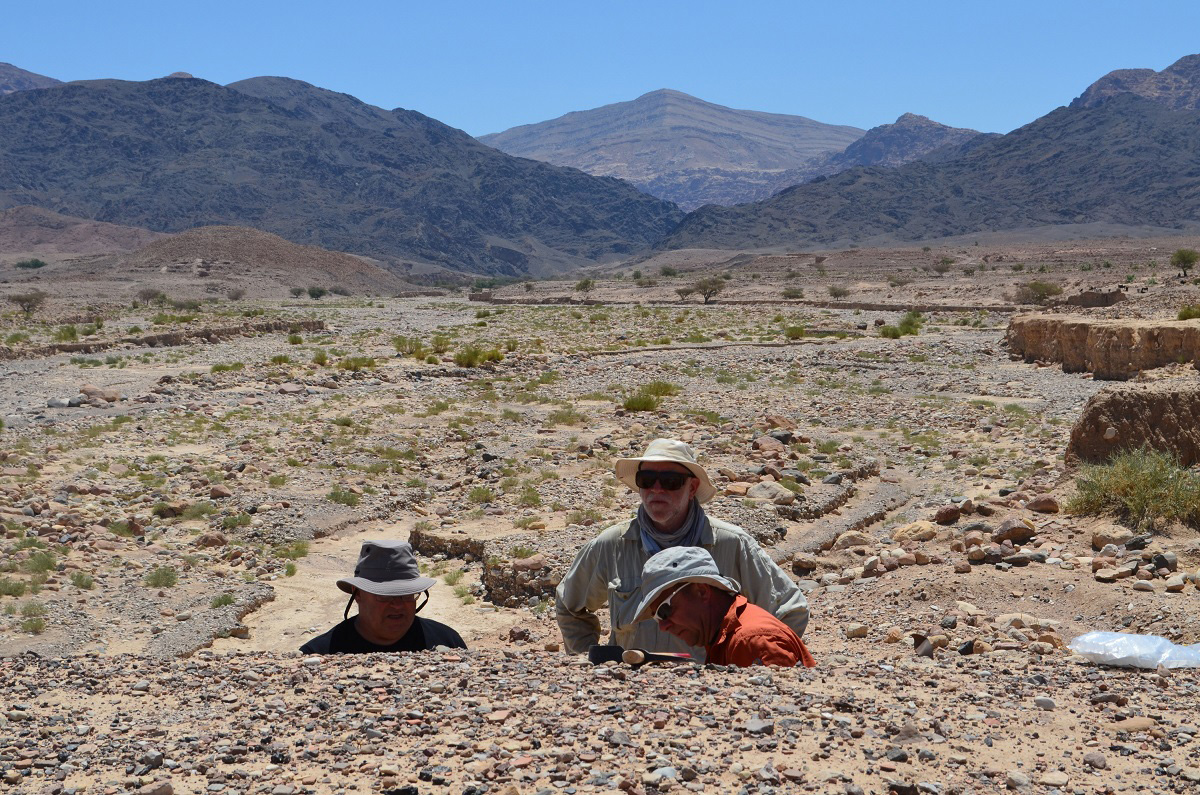 Dr. Russell Adams, Professor David Gilbertson and Dr. Keith Haylock examine upper sections at Tell Wadi Faynan. Credit: Sue Haylock, Barqa Landscape Project