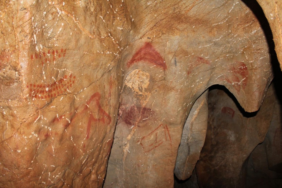 Panel located in the cave at La Pasiego (Puente Viesgo, Cantabria), where various figures painted in different phases and chronologies can be seen: the largest figure is an auroch and various types of signs of a triangular type and groups of dots can be seen. The panel is located in a small side room open to the main gallery of the cave just a few metres from the entrance. Credit: Blanca Ochoa