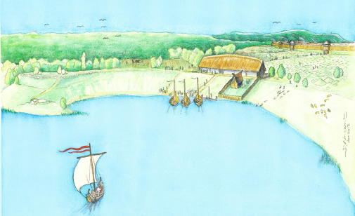 Reconstruction of the Viking age manor. Reconstruction by Jacques Vincent.