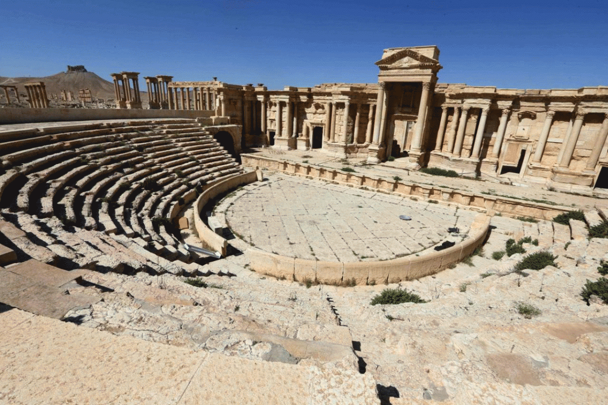 The Roman Theatre's pillared portico is shown here intact in March 2016. Photo Credit: AFP/Joseph Eid/TANN.