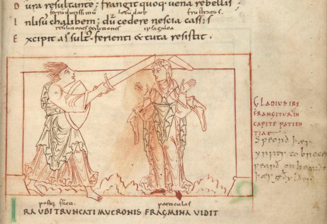 This illustration depicts the battle between Anger and Patience. Anger’s sword breaks as it hits Patience. (Cotton MS Cleopatra C VIII, f. 12r). 
